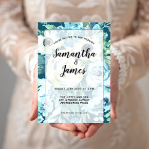 Elegant Watercolor Blue White Floral, Wedding Invitation