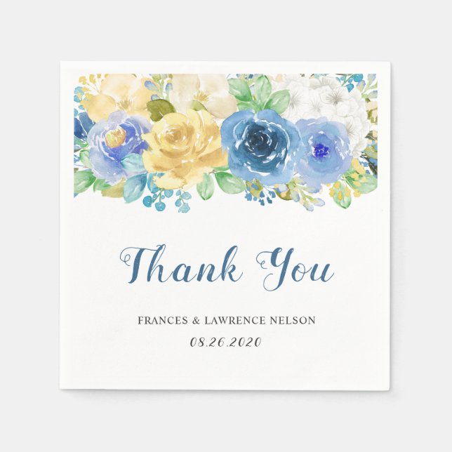 Elegant Watercolor Blue Yellow Rose Garden Wedding Napkin (Front)