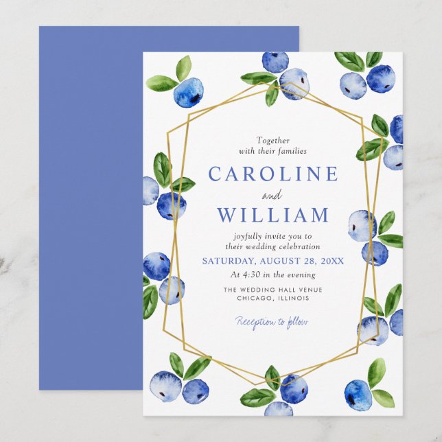 Elegant Watercolor Blueberries Wedding Invitation (Front/Back)