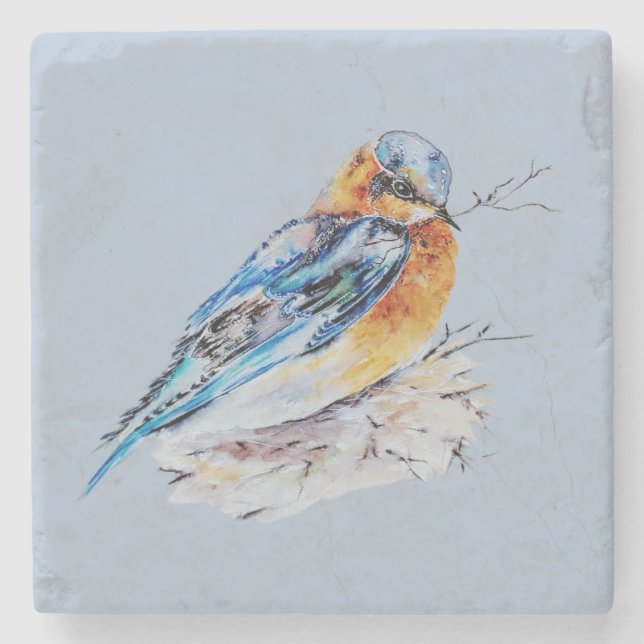 Elegant Watercolor Bluebird Nature Stone Coaster (Front)