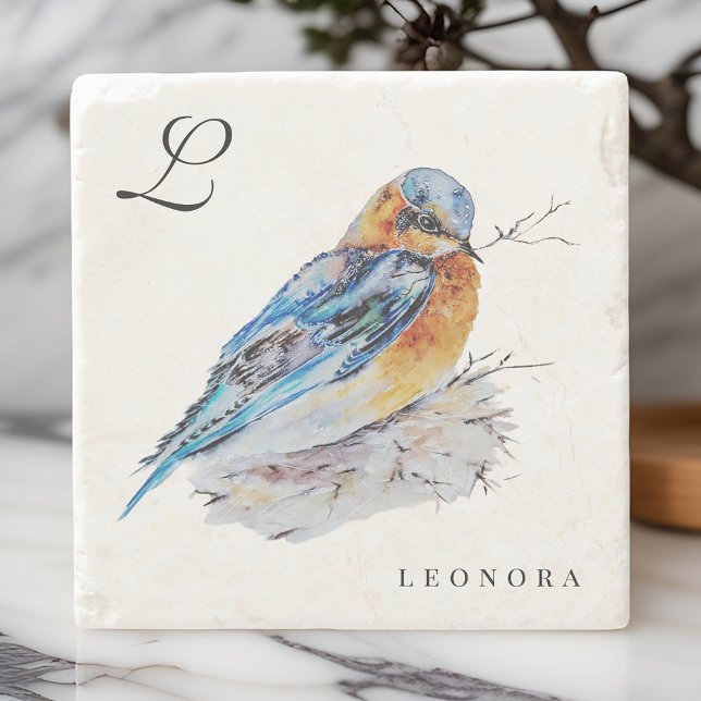 Elegant Watercolor Bluebird Personalise Stone Coaster (Creator Uploaded)