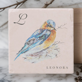 Elegant Watercolor Bluebird Personalise Stone Coaster