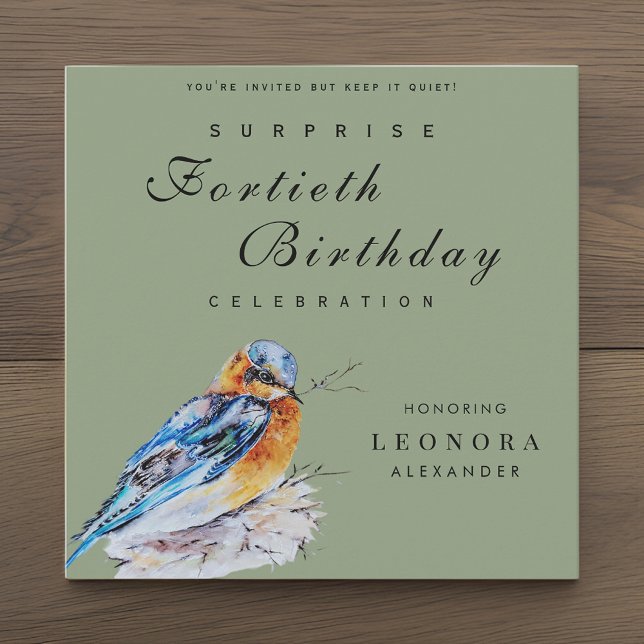 Elegant Watercolor Bluebird Surprise Birthday Invitation (Creator Uploaded)