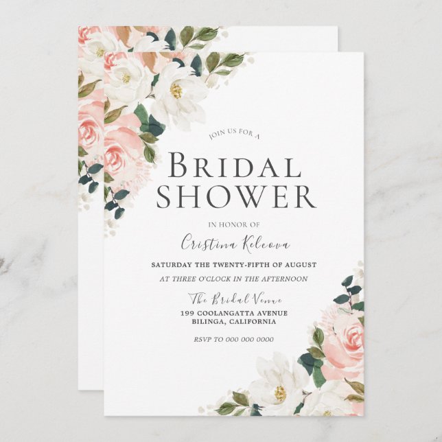 Elegant Watercolor Blush Floral Leaf Bridal Shower Invitation (Front/Back)