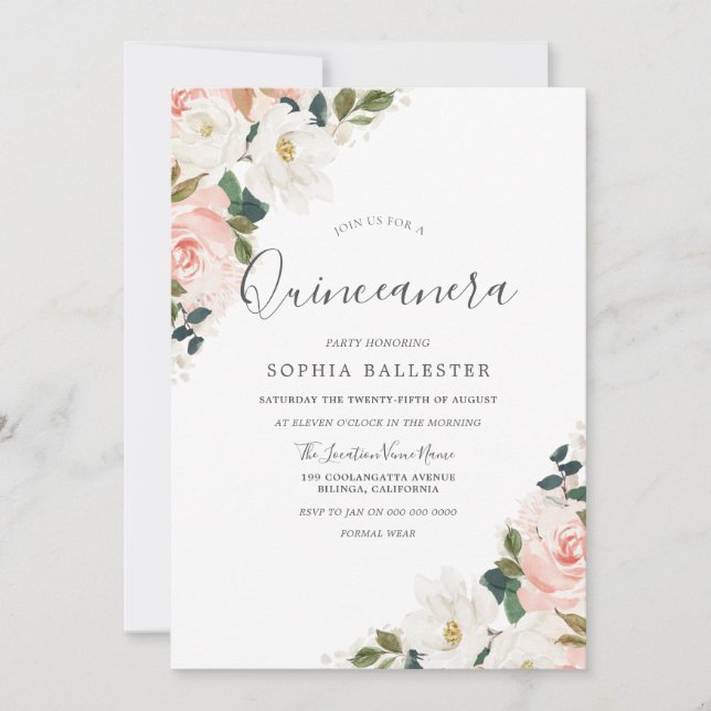 Elegant Watercolor Blush Floral Leaf Quinceanera Invitation (Front)