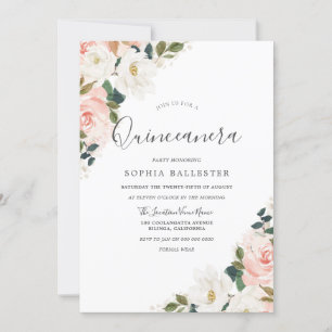 Elegant Watercolor Blush Floral Leaf Quinceanera Invitation