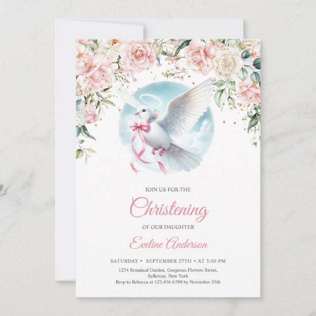Elegant watercolor blush floral wreath cute dove invitation (Front)