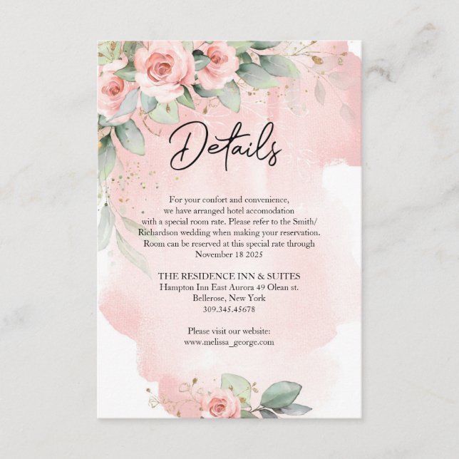 Elegant watercolor blush flowers eucalyptus gold enclosure card (Front)