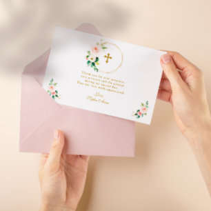 Elegant Watercolor Blush Flowers Gold Baptism Thank You Card