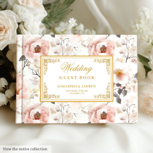 Elegant watercolor blush flowers gold wedding guest book