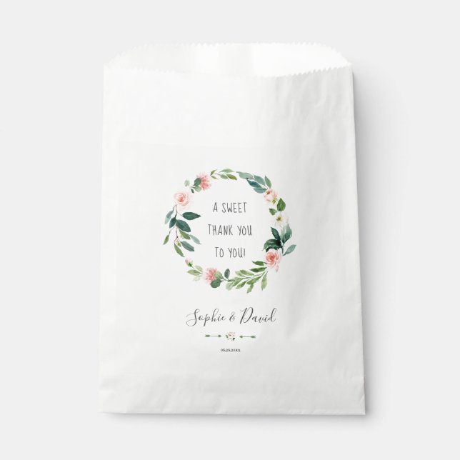 Elegant Watercolor Blush Flowers Wreath Wedding Favour Bags (Front)