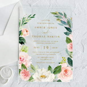 Elegant Watercolor Blush Gold Floral Wedding Acrylic Invitations