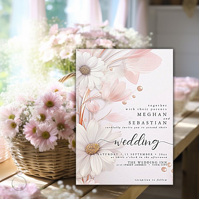 Elegant Watercolor Blush Pink Daisies Wedding  Invitation (Creator Uploaded)