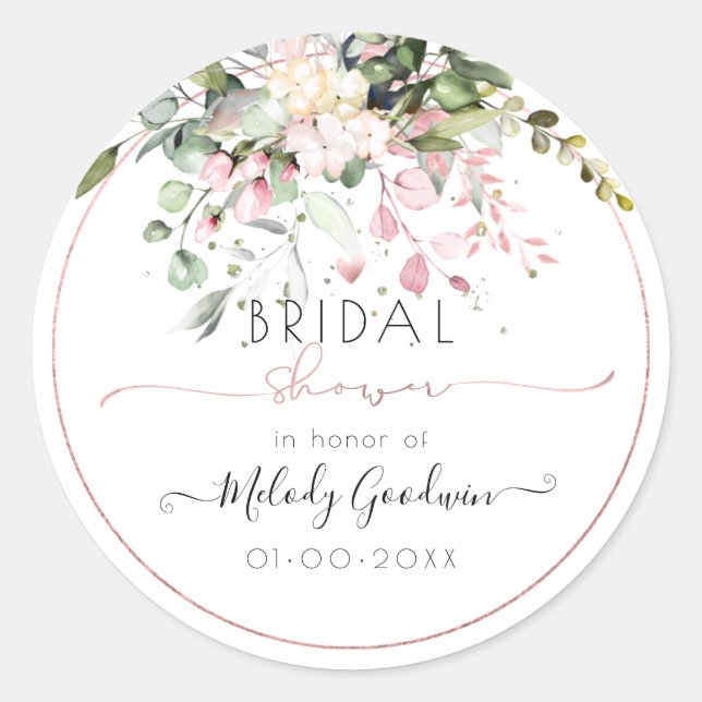 Elegant Watercolor Blush Pink Eucalyptus Bridal Classic Round Sticker (Front)