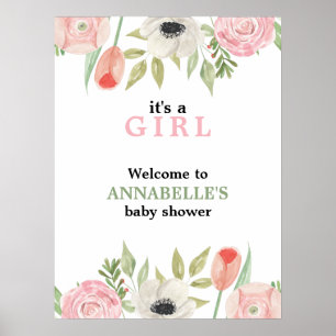 Elegant Watercolor Blush Pink Floral Baby Shower Poster