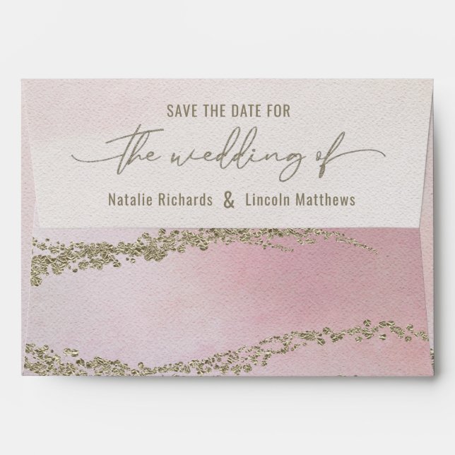 Elegant Watercolor Blush Pink & Gold Save the Date Envelope (Back (Top Flap))