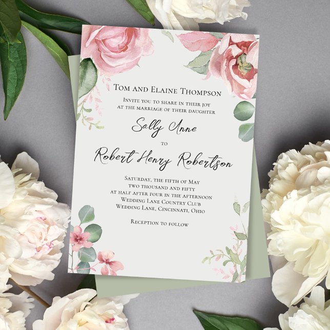 Elegant Watercolor Blush Pink Wedding Floral Invitation (Blush pink floral wedding invitations. )
