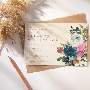Elegant Watercolor Boho Blue Floral Bridal Brunch Invitation