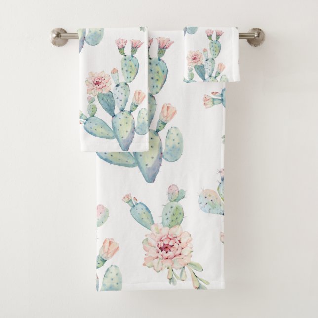 Elegant Watercolor Boho Cactus Blossom Pattern Bath Towel Set (Insitu)