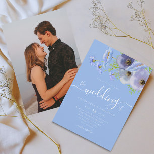 Elegant Watercolor Boho Floral Blue Photo Wedding Invitation