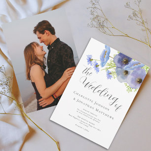 Elegant Watercolor Boho Floral Blue Photo Wedding Invitation