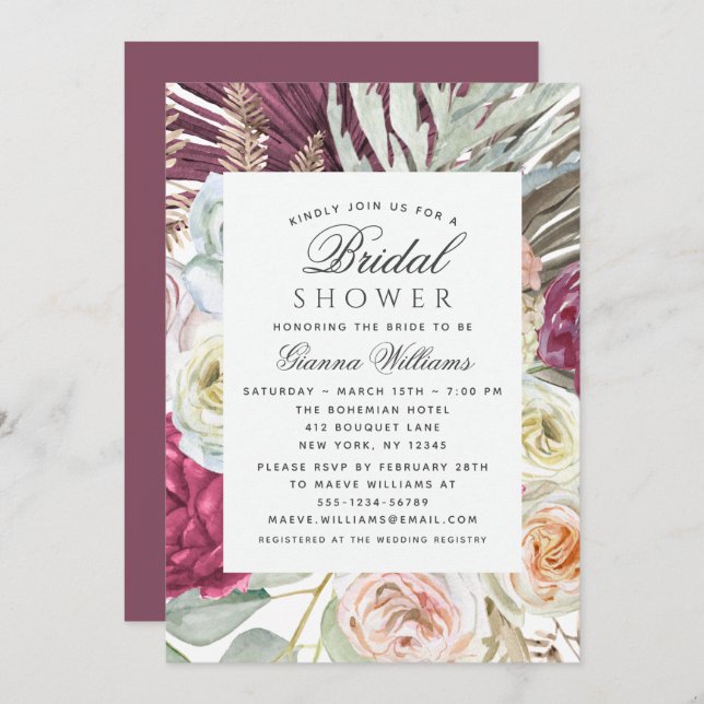 Elegant Watercolor Boho Floral Bridal Shower Invitation (Front/Back)