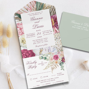 Elegant Watercolor Boho Floral Country Wedding All In One Invitation