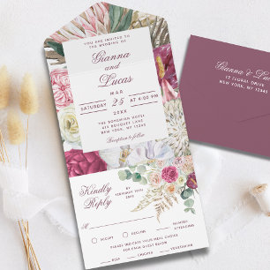Elegant Watercolor Boho Floral Country Wedding All In One Invitation
