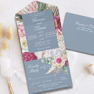 Elegant Watercolor Boho Floral Country Wedding All In One Invitation