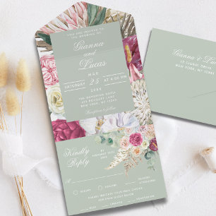 Elegant Watercolor Boho Floral Country Wedding All In One Invitation