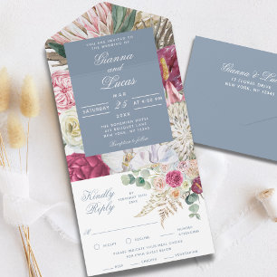 Elegant Watercolor Boho Floral Country Wedding All In One Invitation