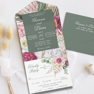 Elegant Watercolor Boho Floral Country Wedding All In One Invitation