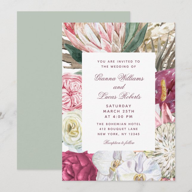 Elegant Watercolor Boho Floral Country Wedding Invitation (Front/Back)