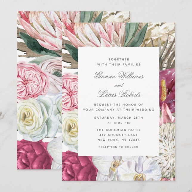 Elegant Watercolor Boho Floral Country Wedding Invitation (Front/Back)