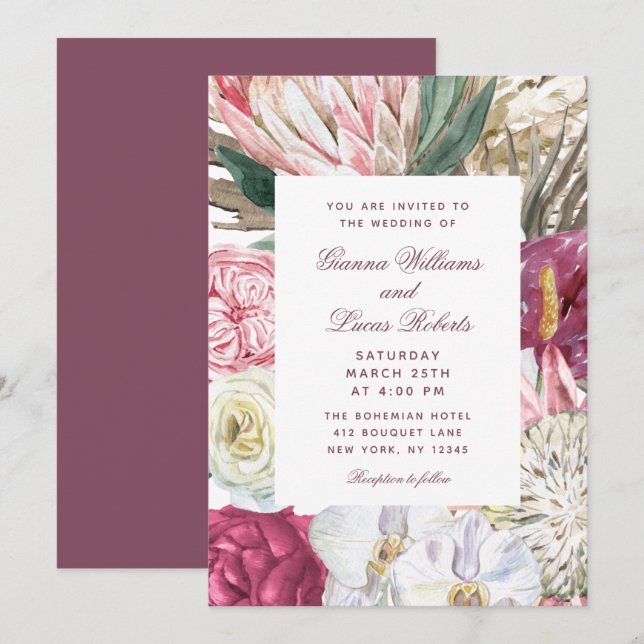 Elegant Watercolor Boho Floral Country Wedding Invitation (Front/Back)
