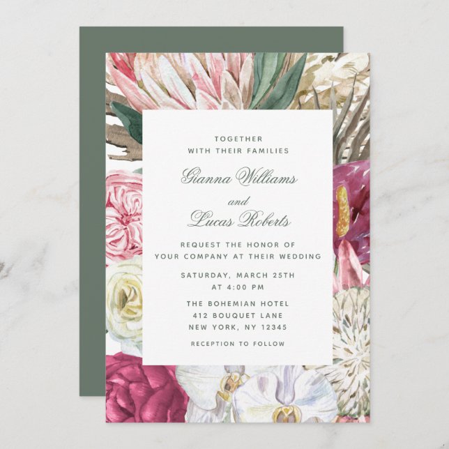 Elegant Watercolor Boho Floral Country Wedding Invitation (Front/Back)