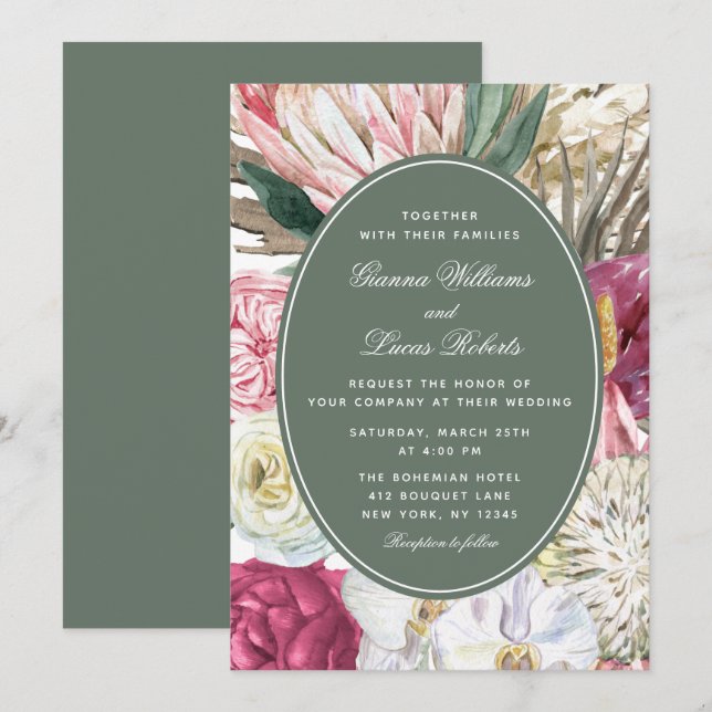 Elegant Watercolor Boho Floral Country Wedding Invitation (Front/Back)