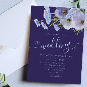 Elegant Watercolor Boho Floral Navy Blue Wedding Invitation