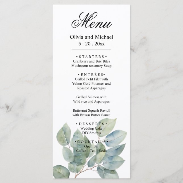 Elegant  Watercolor boho greenery foliage wedding Menu (Front)