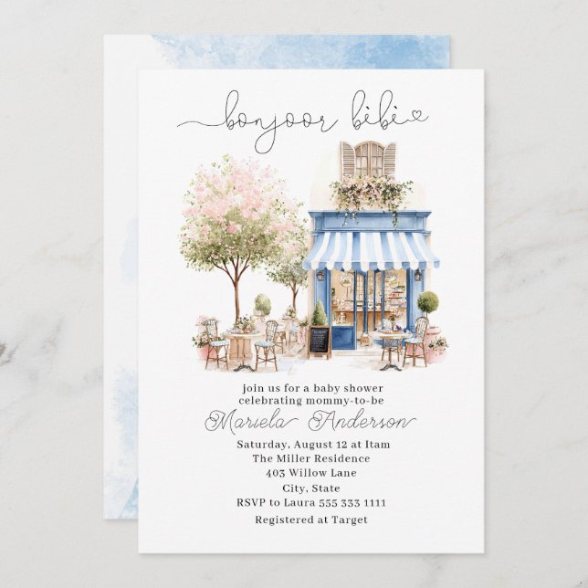 Elegant Watercolor bonjoor bebe  Baby Shower Invitation (Front/Back)