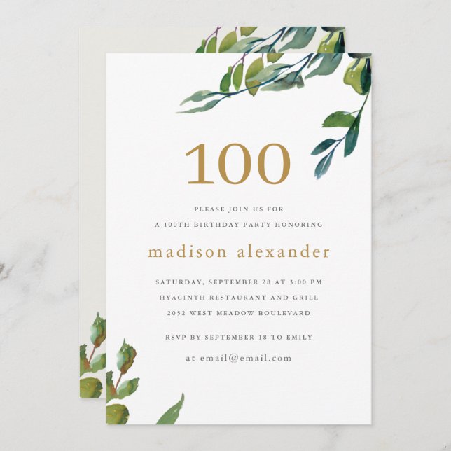 Elegant Watercolor Botanical 100th Birthday Invitation (Front/Back)