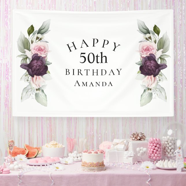 Elegant Watercolor Botanical 50th Birthday Banner (Party)