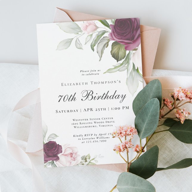 Elegant Watercolor Botanical 70th Birthday Invitation (A beautifully feminine 70th birthday party invitation - available as printed or digital download!)