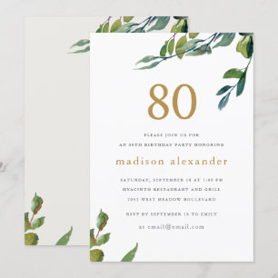 Elegant Watercolor Botanical 80th Birthday Invitation