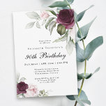 Elegant Watercolor Botanical 90th Birthday Invitation<br><div class="desc">Celebrate a special 90th birthday milestone birthday with this beautiful party invitation with featuring floral borders in burgundy and pink roses on each side of the elegantly placed text. Colours include pale blush pink, deep burgundy red and plum mixed with ethereal greenery and tiny white accent flowers. Personalise the text...</div>