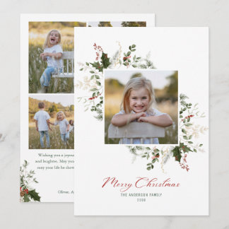Elegant Watercolor Botanical Christmas Five Photo Holiday Card