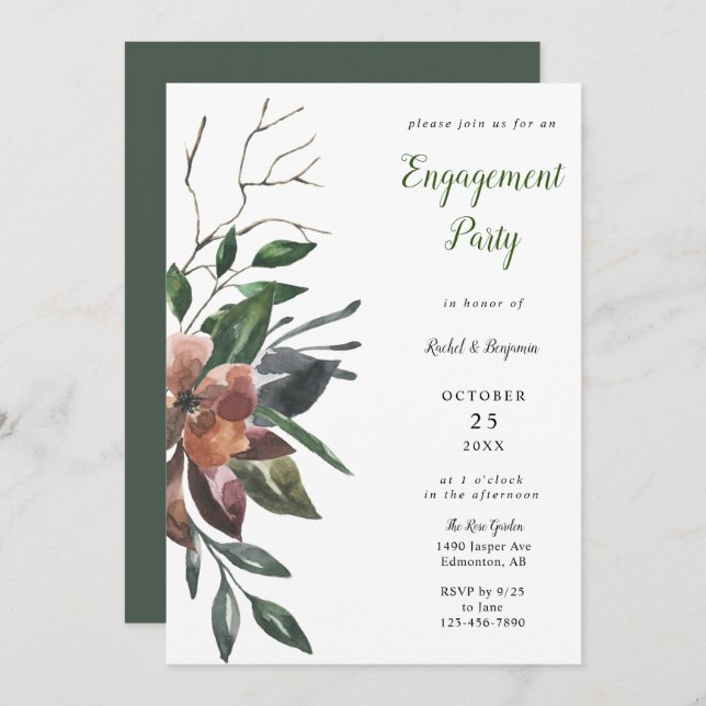 elegant watercolor botanical engagement party invitation (Front/Back)