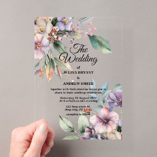 Elegant Watercolor botanical floral Wedding Acrylic Invitations