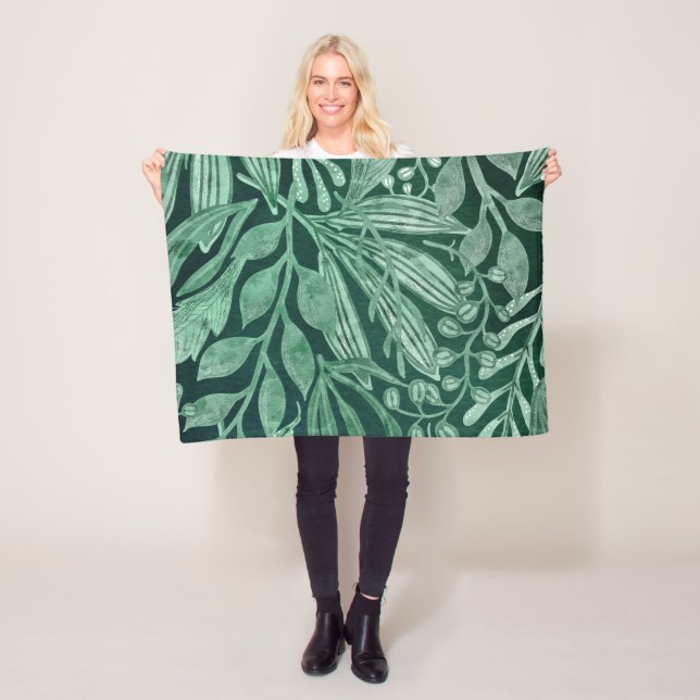 Elegant Watercolor Botanical Green Leaves Artwork Fleece Blanket (In Situ)