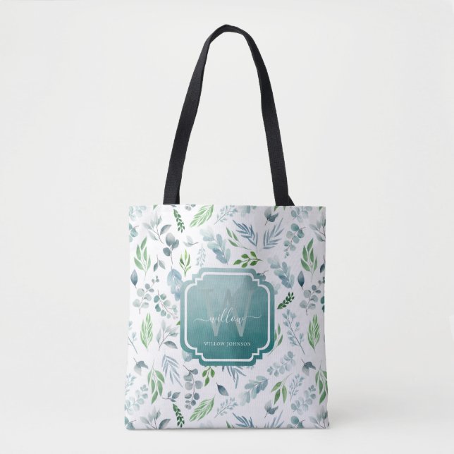 Elegant Watercolor Botanical Greenery Monogram Tote Bag (Front)